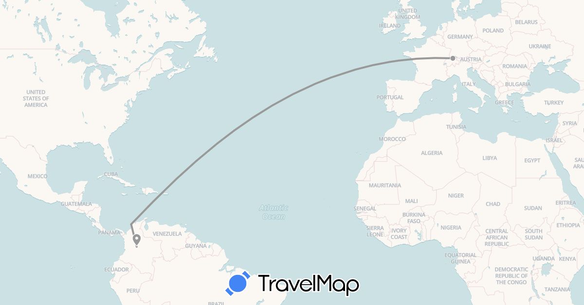 TravelMap itinerary: driving, plane in Switzerland, Colombia (Europe, South America)